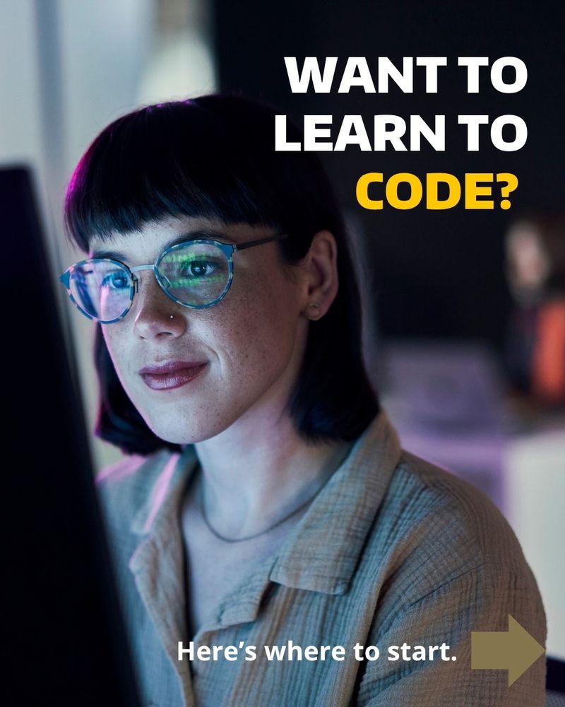"Want to learn to code. Here's where to start." over an image of a woman on the computer. 