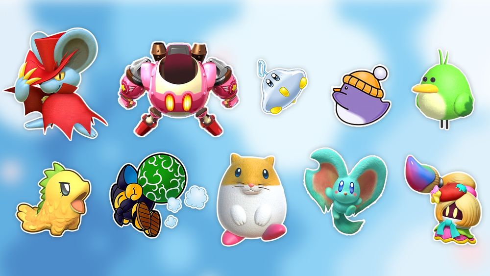 Image including: Daroach, the robobot armour, UFO, Corrori, Pitch, Sandra, Tac, Rick, Elfilin, and Vividria from the Kirby series