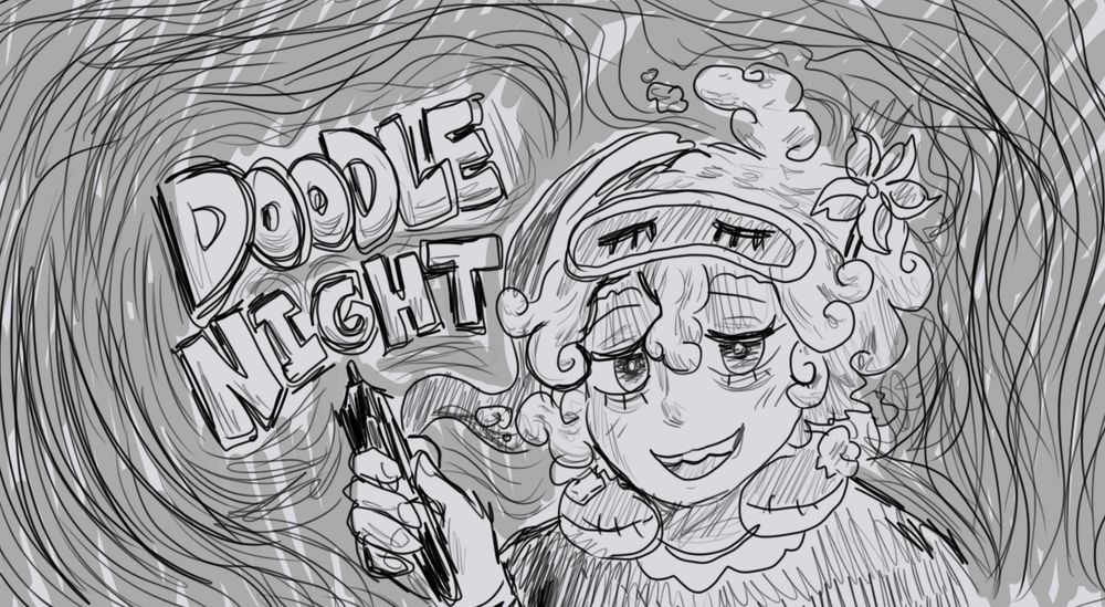 Sketch of vtuber Loafidaisy holding a drawing stylus with the words "Doodle Night"