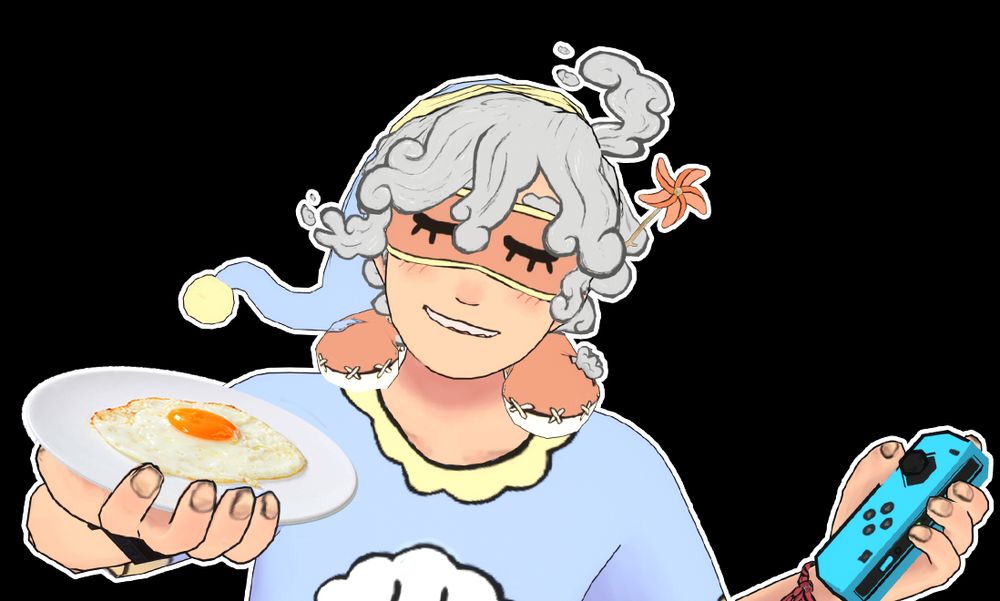 Vtuber Loafidaisy holding a plate with a fried egg on it in one hand and a blue joycon in the other