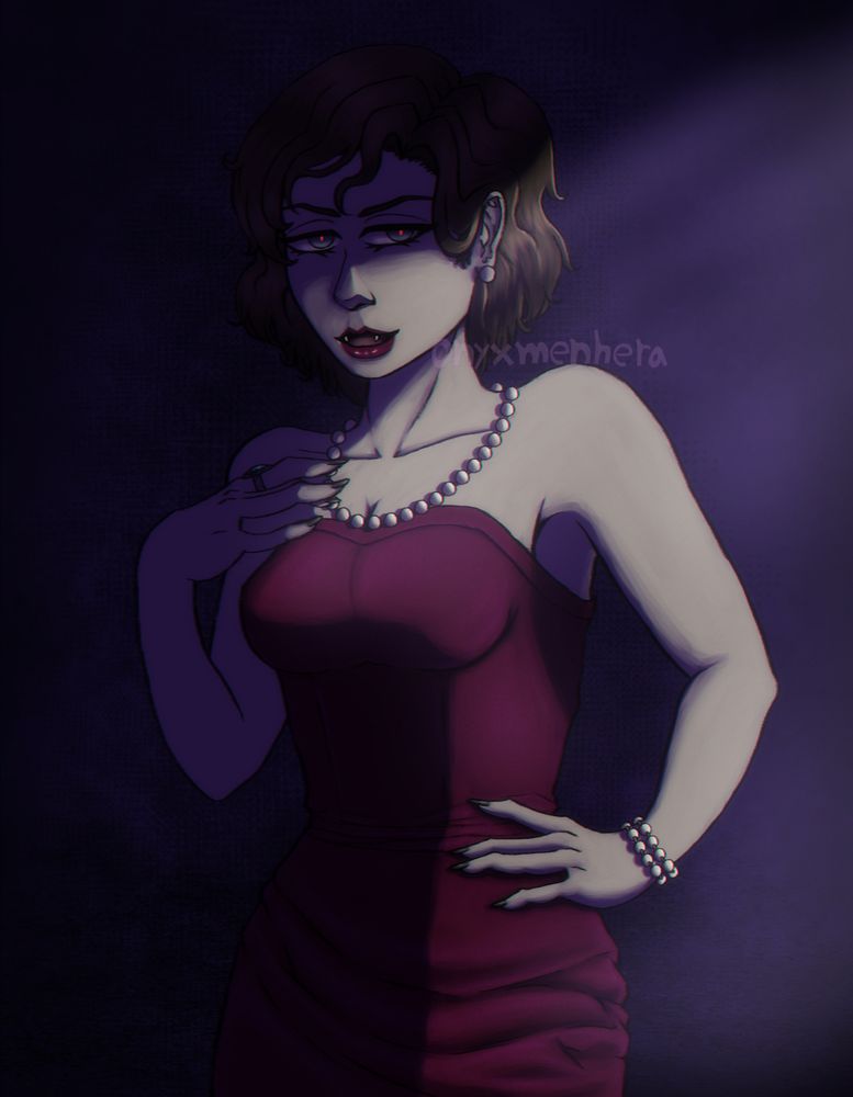 A digital half-body illustration of a character named Ramona, a player-made vampire venture from the tabletop RPG Vampire The Masquerade. She has short bobbed brown hair, deep red lipstick, a pearl necklace & bracelet, pearl earrings, an emerald silver ring, a deep red strapless dress, and long black nails. The character has a sinister expression with an open smile, which shows 2 fangs peaking from her mouth. Half of her body is cloaked in shadow and the other half in light, giving a dramatic & dark look. The character's skin is pale and dead-like, greyish. Her eyes are in the shadow and appear to be slightly glowing red toward the viewer. Her left hand rests on her hip and her right barely touches her necklace. 
