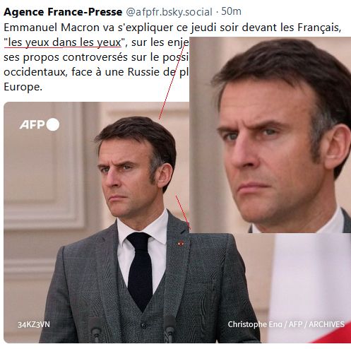 dépeche afp parlant d'une explication du président à ses sujets (entre guillemets) les yeux dans les yeux. Illustrée par une photo du président avec un air mauvais, comme un très mauvais acteur jouant le méchant d'un très mauvais film d'action