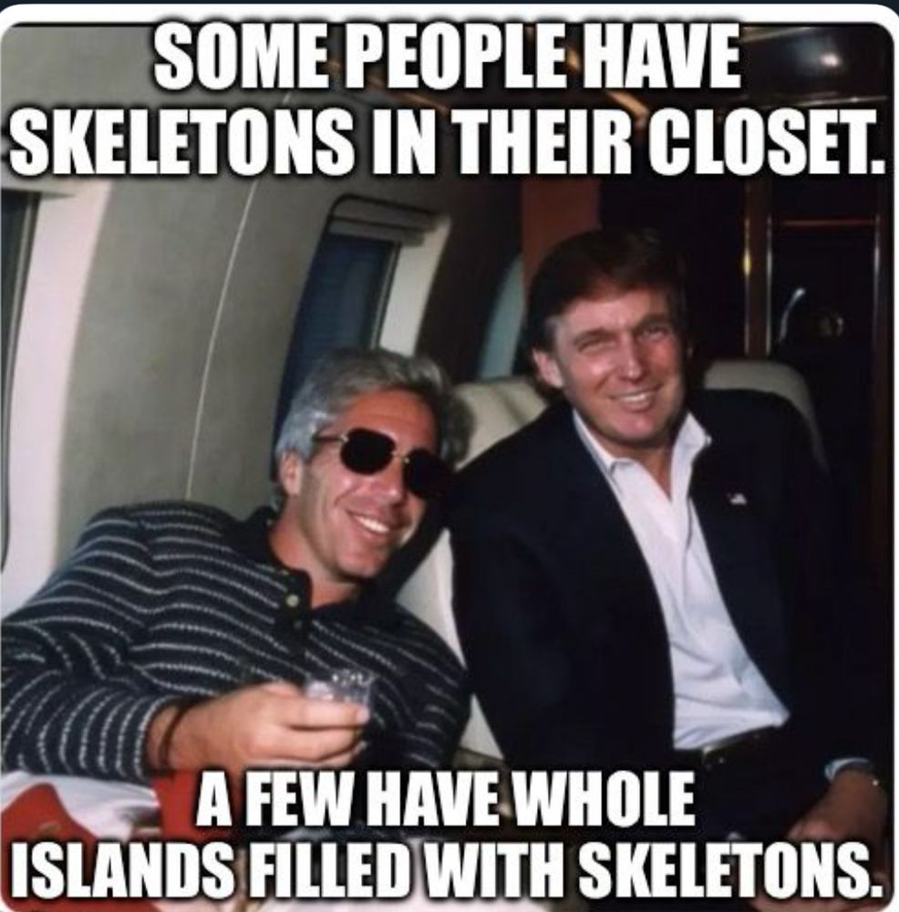 A picture of Epstein and trump on a plane smiling and relaxed. The caption says ‘Some people have skeletons in their closet. A few have whole islands filled with skeletons.’