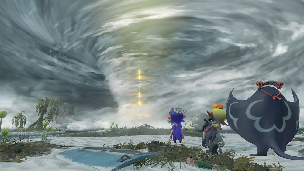 Deep Cut and the Splatoon Raiders protagonist looking towards a tornado in the distance.