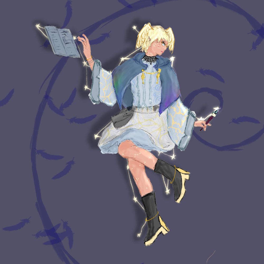 A blonde girl; she has short hair and wings sprouting from her head. She has tan skin with gold constellations across it, silvery blue eyes, and she's wearing a pale blue skirt and shirt. She also wears a slate-blue cape with rainbow colours at the end. She looks to her left, with her right hand raised infront of a book and her left holding a paintbrush.