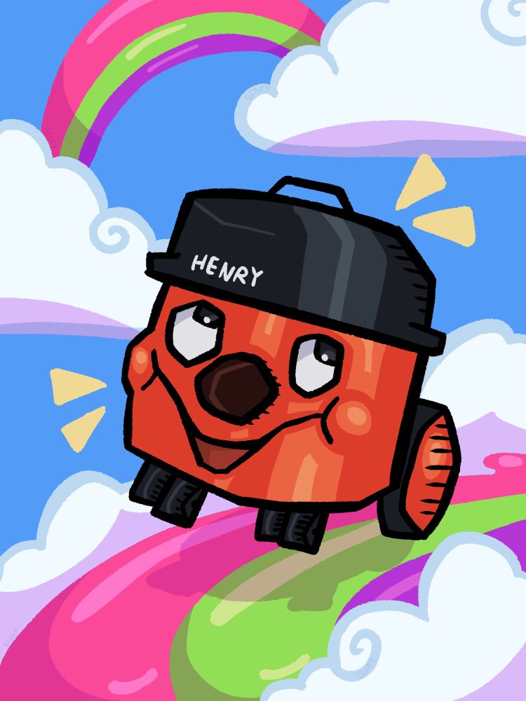 A brightly coloured cartoon of Henry the Hoover rolling along a cloudy rainbow path in the sky 