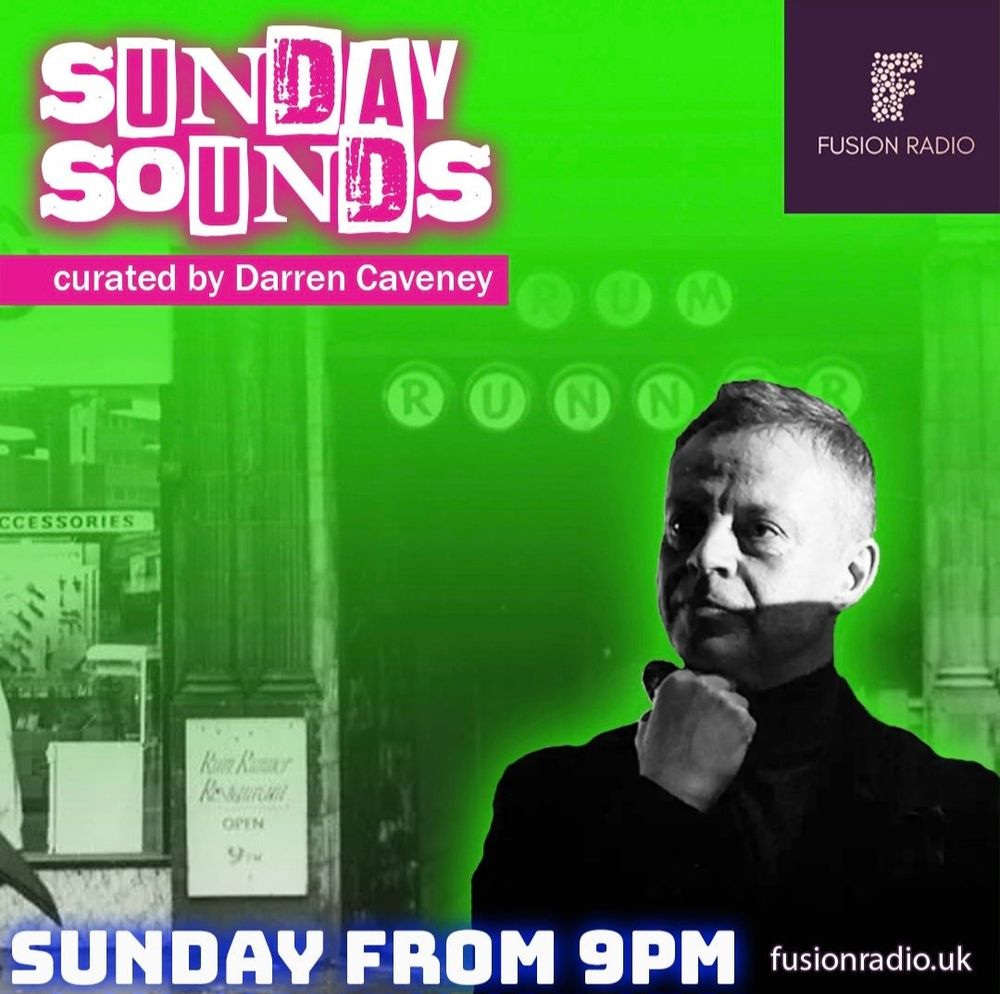 Green pink black and white promotional image promoting Sunday Sounds radio show