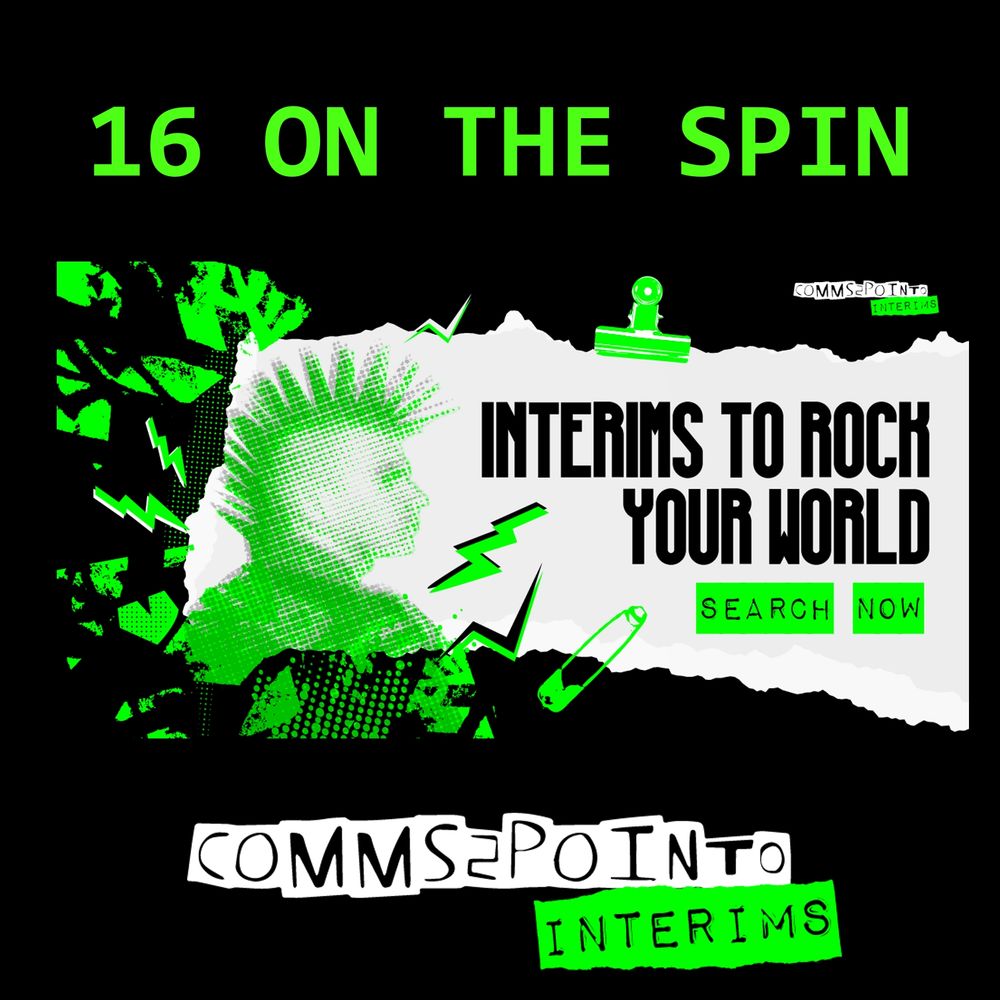 Green black and white branding promoting comms2point0 Interims 