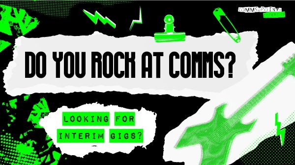 Green black and white punk rock style branding for comms2point0 Interims 