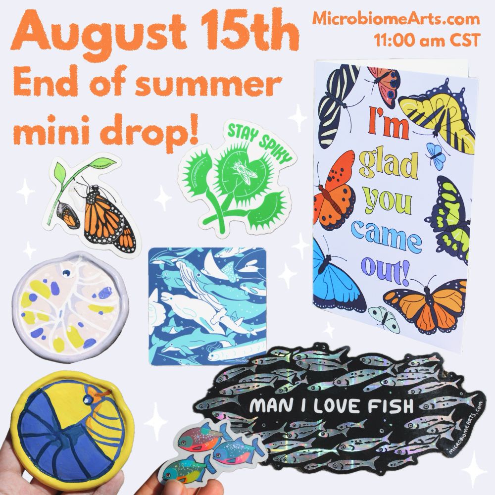 Shop graphic showing new nature and pride themed stickers, a greeting card, and two handmade clay isopod trinket trays.