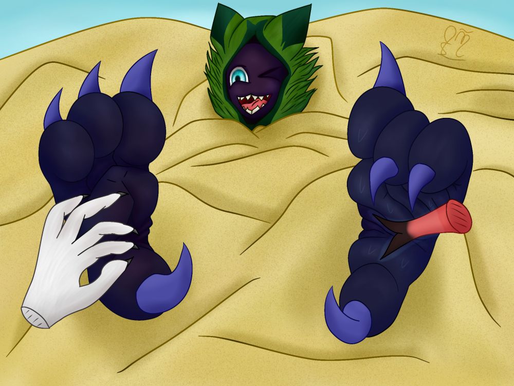 Grinling getting his feet tickled, a hand on his right talon and a snake tongue on his left talon.