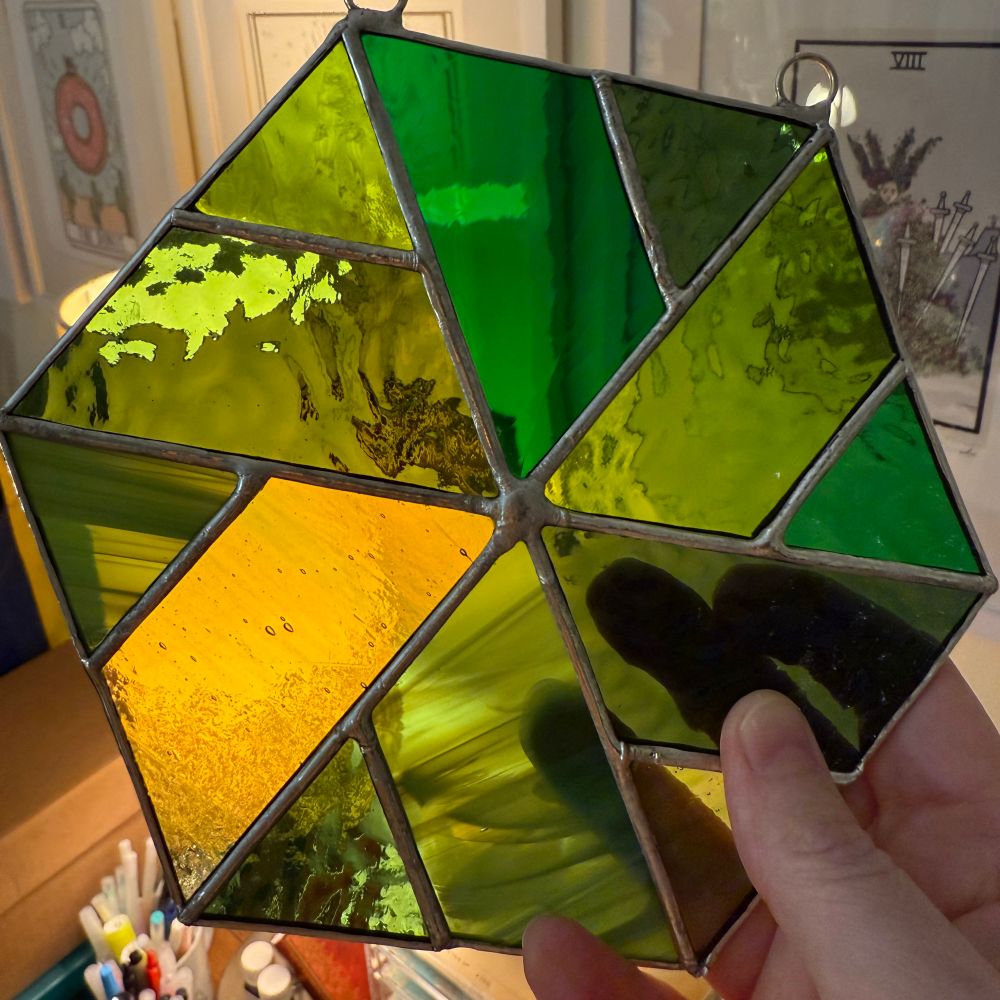 A green suncatcher, it turns out the lead free solder is hard to use 