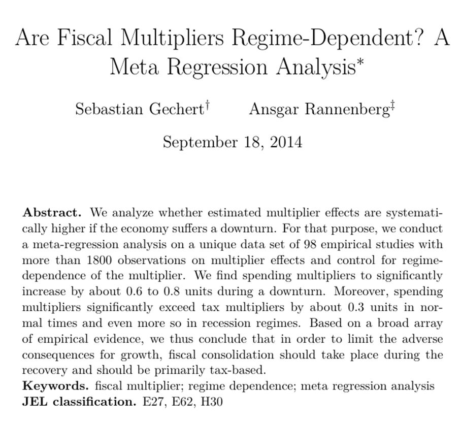 Abstract und Titel des Papers: Are Fiscal Multipliers Regime-Dependent? A Meta Regression Analysis, Institut für Makroökonomie und Konjunkturforschung, September 2014