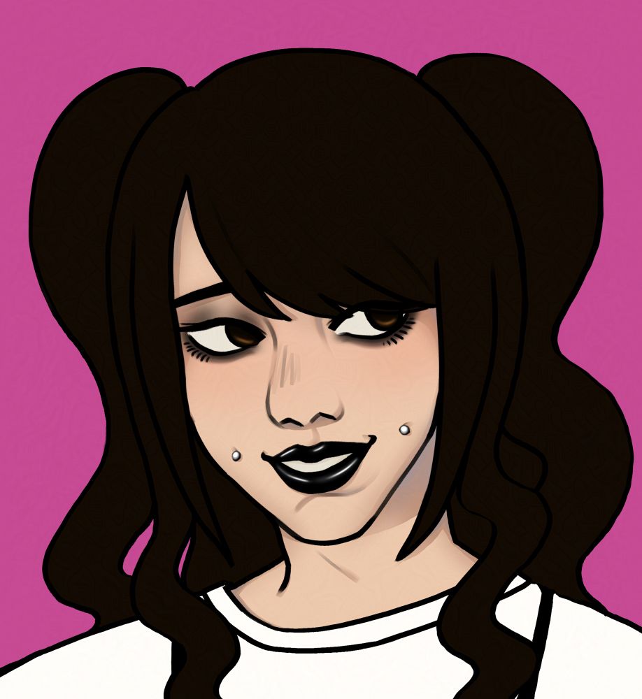 My character “Faye” on a pink background. She has dark brown hair, is wearing black eyeshadow and lipstick, and has facial piercings.