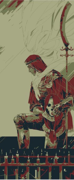 The Reliquary Knight, a finely dressed knight kneeling while holding a preserved skull and an ornate glaive.