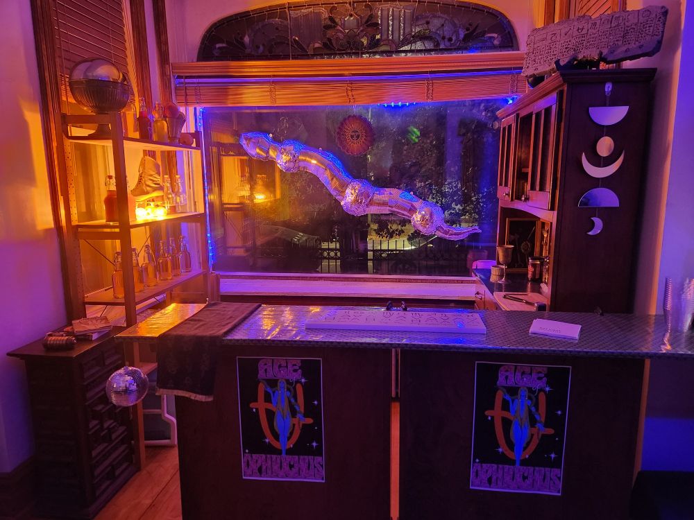 The bar  - a large board covered with fabric and vinyl clamped to a pair of bookshelves. Of particular note is the slate on the bar that included a dozen different cocktail recipes written in alchemical shorthand, the cool roller skate light that an old neighbor made once and gave me, the fake stone tablet I carved, Age of Ophiuchus posters done in that classic seventies sexy zodiac style, and the Ophiuchus sigil hand stamp that I used on everyone's hand.