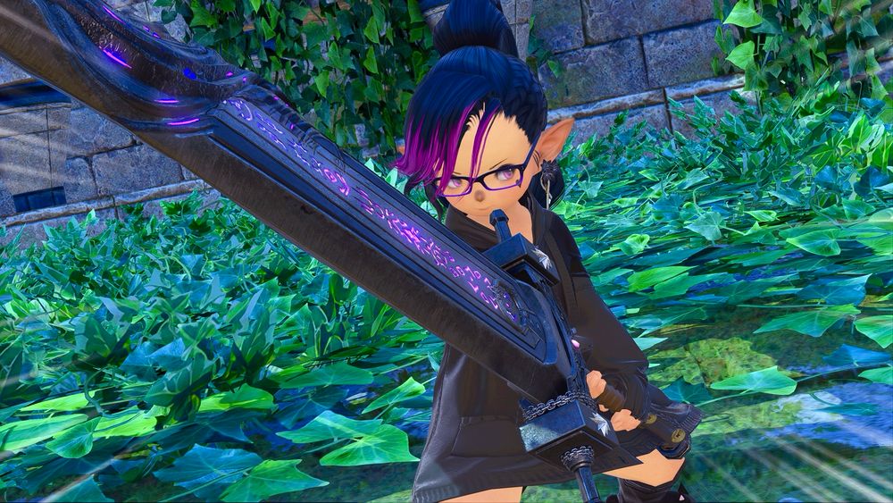 A screen shot from the video game Final Fantasy XIV featuring a Lalafell holding a large great sword.
