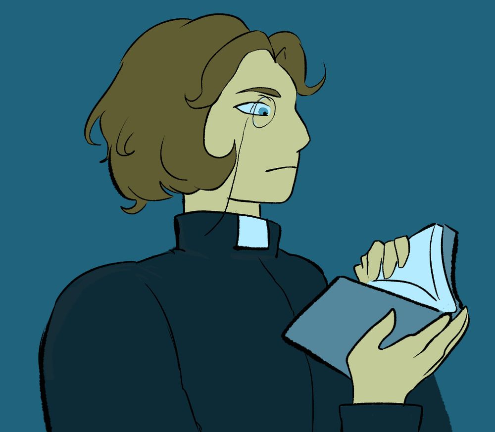 Digital drawing of Father Caedryn, a 20-something light-skinned priest with curly brown hair reading a book. 