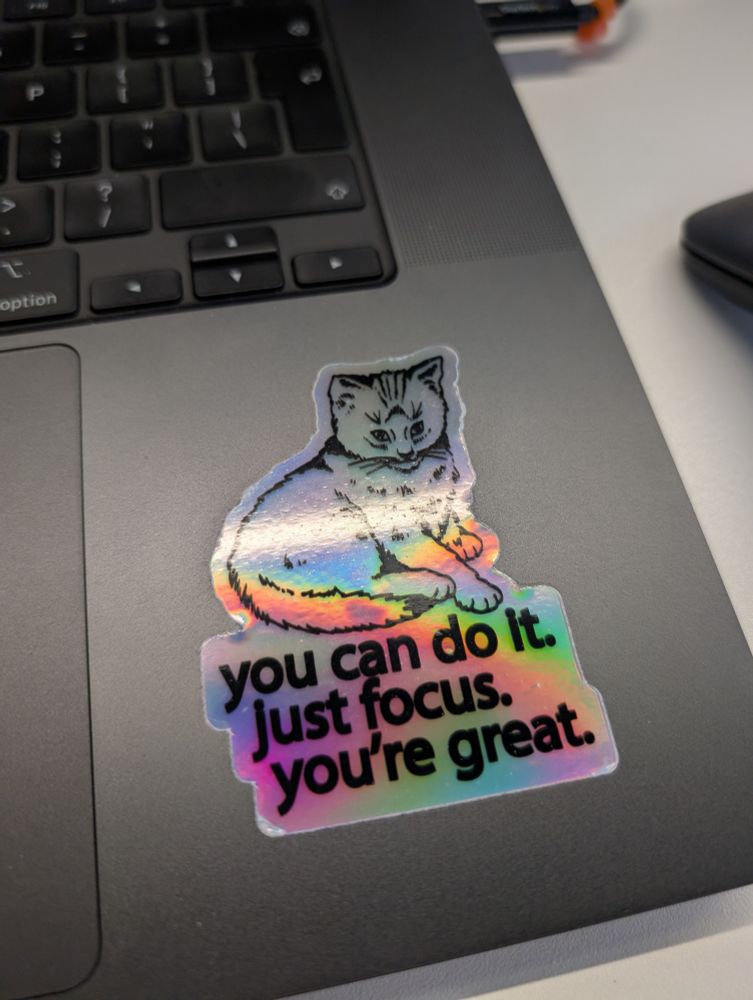 Holographic laptop sticker of a cat with affirmations: you can do it. just focus. you're great.