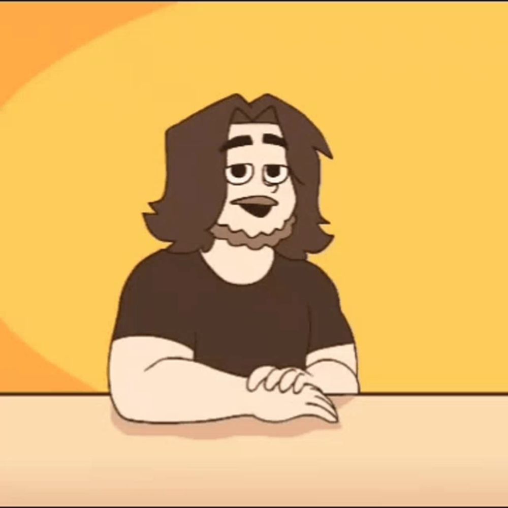 a cartoon man with long hair and a beard is sitting at a table .