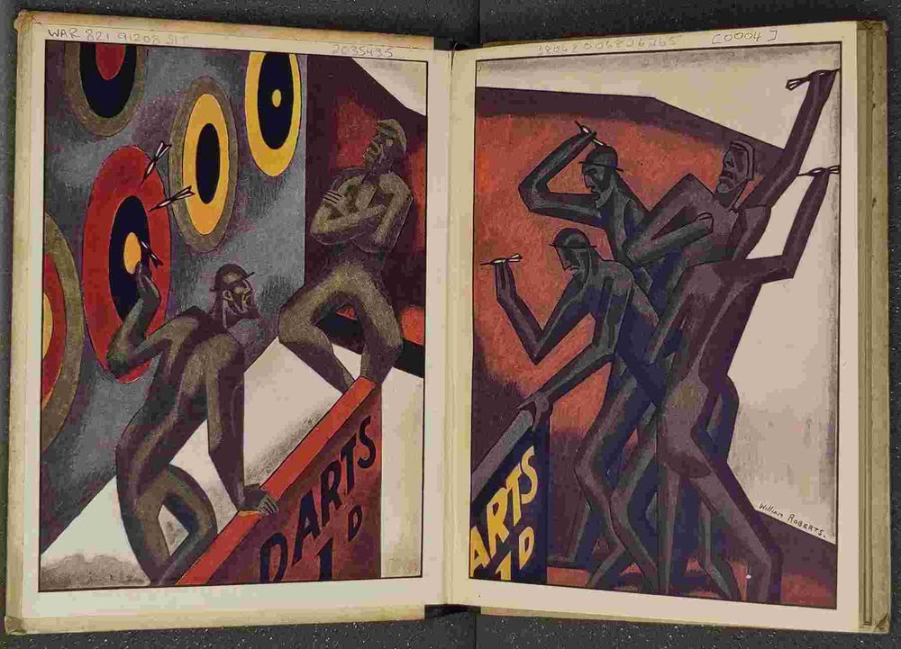 Decorative endpapers of Edith Sitwell's Wheels 1919 edited poetry volume. The modernist drawings of men playing darts were made by William Roberts. 
