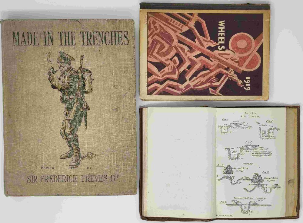 Three books from the War Poets Collection at Edinburgh Napier University: 
1. Made in the Trenches: composed entirely from articles & sketches contributed by soldiers (1916)
2. Edith Sitwell's Wheels 1919
3. Field service pocket book (1914).