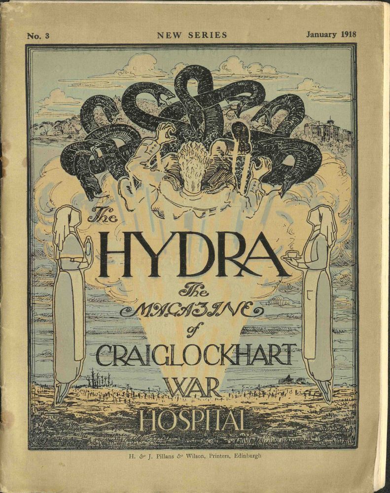 Front cover of the Hydra: The Magazine of Craiglockhart War Hospital, featuring nurses ready to attend to a soldier caught up in a shell shock nightmare (depicted here in the form of the Hydra of Lerna). 