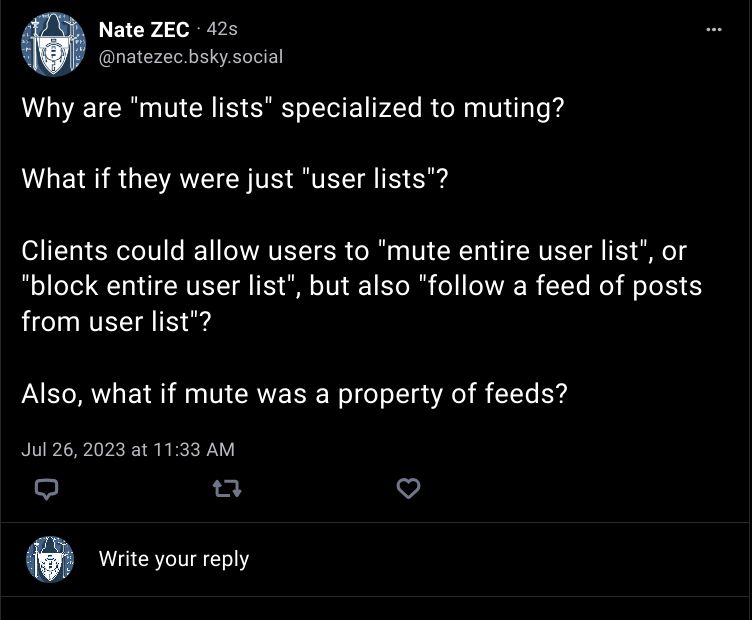A screenshot of one of my skeets, which ends with "Also, what if mute was a property of feeds?"