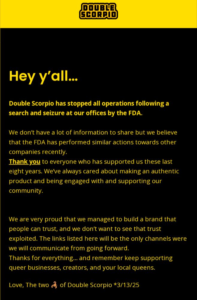 A message from the Double Scorpio website indicating that they have ceased all operations following a raid by the FDA