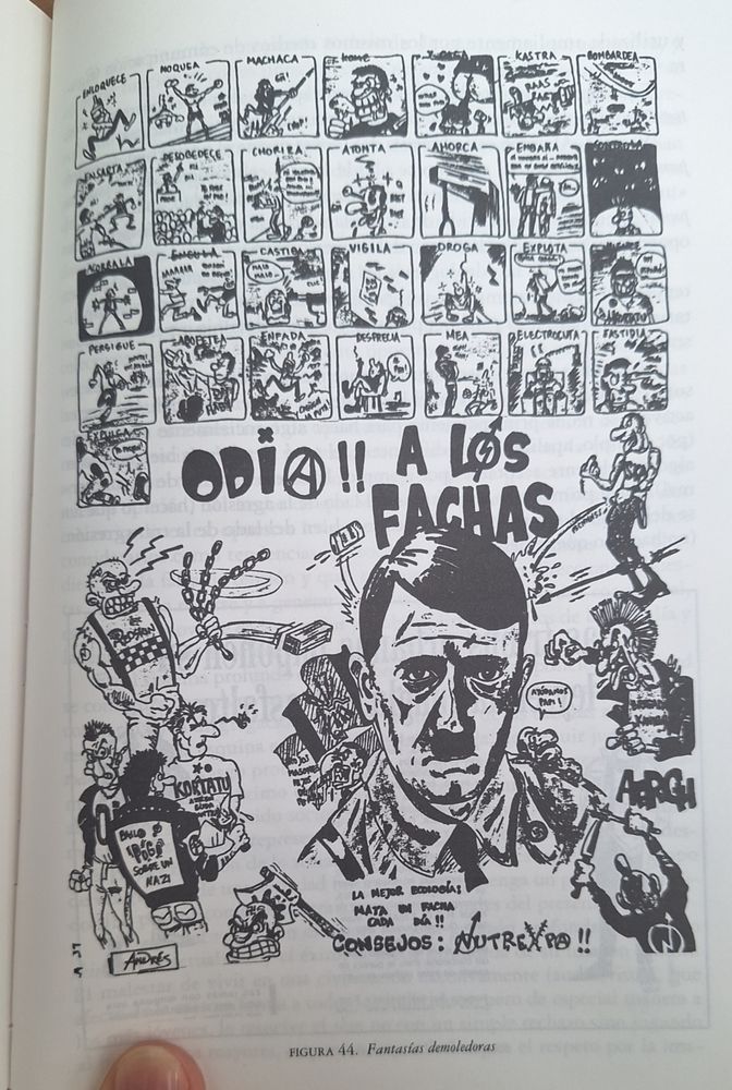 fotocopia de un fanzine antifascista del año de la pera. pequeños dibujos sobre cómo faltarle el respecto a los fachas, abajo de la página un dibujo grande de Hitler donde pone "odia a los fachas!". Hitler está rodeado de punkis que le están pegando