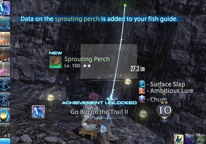 A screenshot of the critically acclaimed MMORPG, Final Fantasy XIV.
A Mi'qote is sitting by a stream having just caught the big fish, Sprouting Perch.
"Data on the sprouting perch is added to your fish guide.
Achievement Unlocked: Go Big on the Trail II"