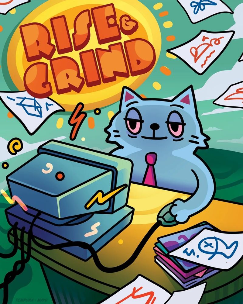 Its daytime and a is cat working on his computer with half open eyes. Behind and around him are papers scattered about and a bright sun with the words "Rise and Grind" written on it.
