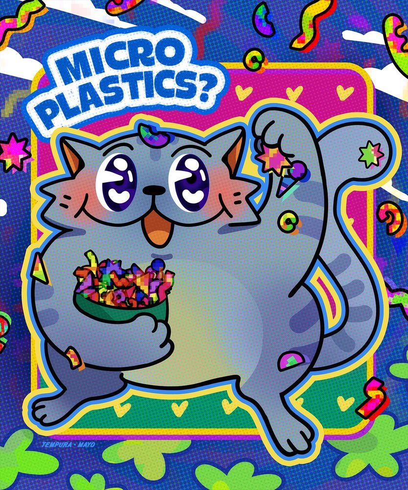 A grey cat holding and sprinkling a bowl of microplastics. He looks happy and excited to eat them. Above displays the text "Microplastics?" Along with this scene are tufts of grass along with microplastics raining down from the sky. Truly a lovely sight