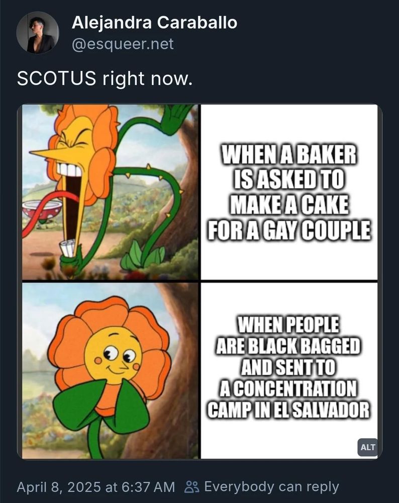 Social media post  from Alejandra Caraballo  With the text "Scotus right now"
There is the image of a cartoon flower screaming next to the text "when a Baker is asked to make a cake for a gay couple" and the image of a bashful smiling flower next to the text "when people are black bagged and sent to a concentration camp in El Salvador." 