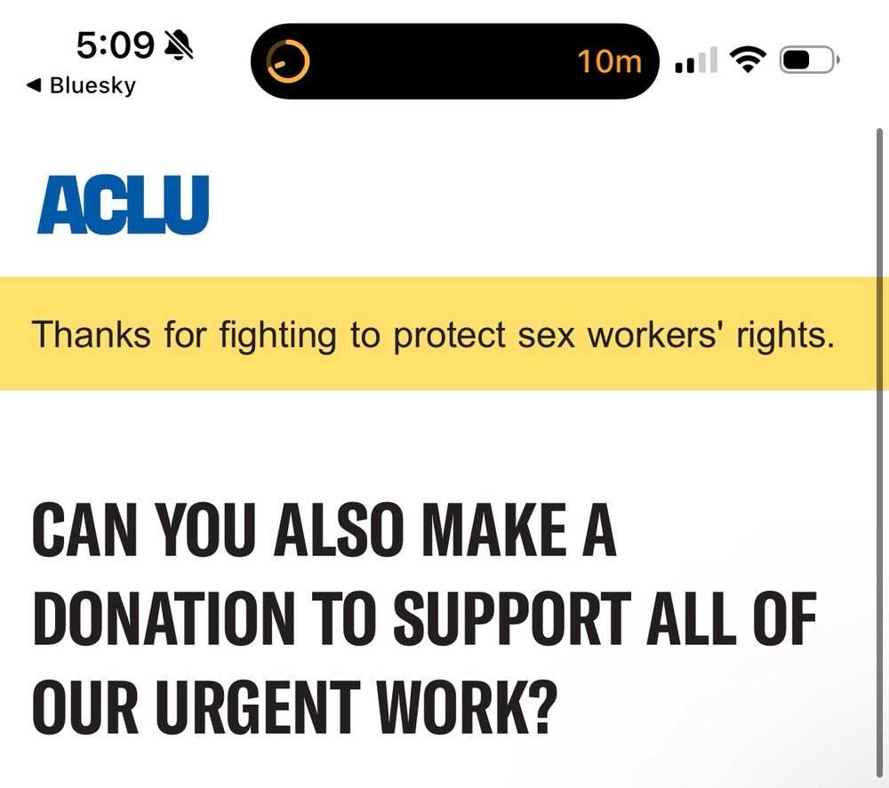 A screen shot of the ACLU site stating “thanks for fighting to protect sex workers’ rights” and says can you also make a donation to support all of our urgent work?