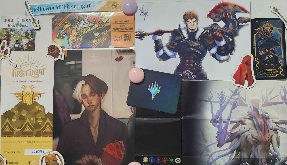 #HeWo2FL Pamplet nd wrist band, Ardbert Print, sleepy casual Emmet Selch Print, Honey B Lovely Arcadion ticket, and an Ofuda/Card print of my own WoL. (lol ignore the MtG Ulalek poster)