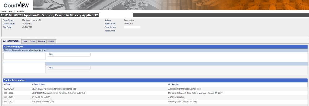 A screenshot of Benjamin Stanton's marriage license. 