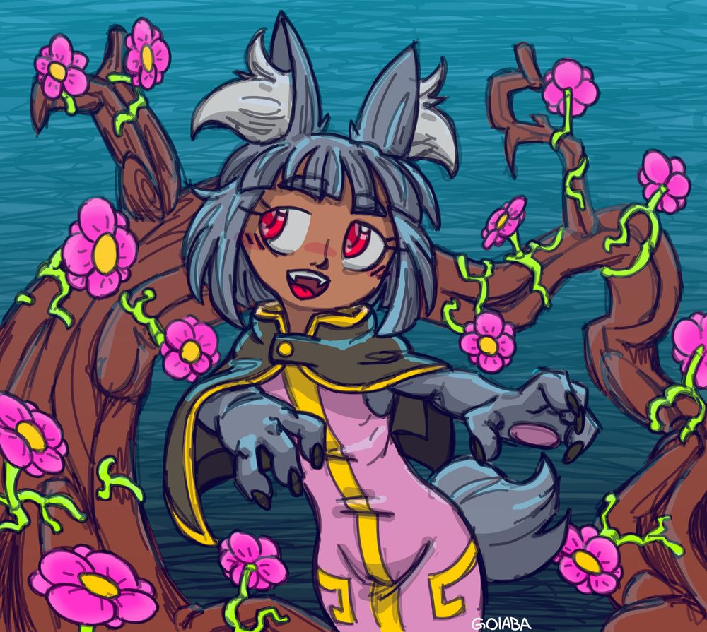 wolf puppy anime girl covered in flowers