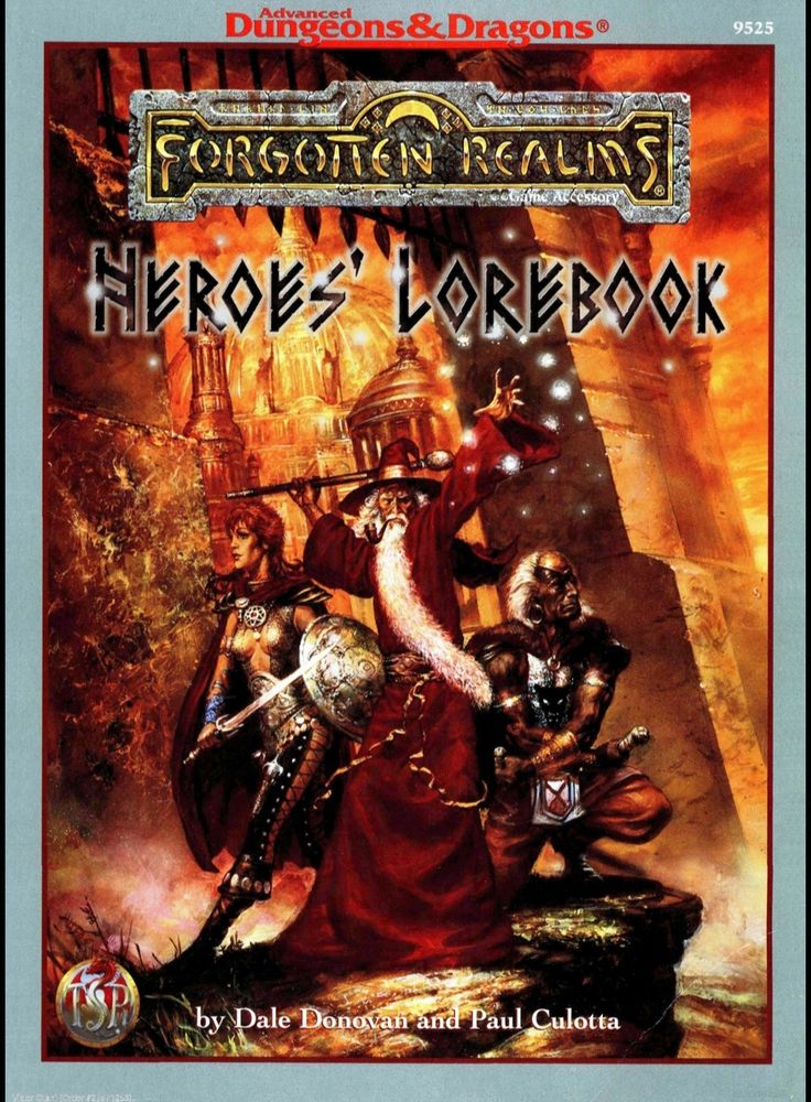 Capa do livro Heroes' Lorebook da linha Forgotten Realms para Advanced Dungeons & Dragons (AD&D). A ilustração apresenta três personagens heroicos em frente a uma cidade de arquitetura fantástica e dourada. À esquerda, uma guerreira empunha espada e escudo, vestindo armadura intricada; ao centro, um mago de barba longa, chapéu pontudo vermelho e cajado, gesticula como se lançasse magia; à direita, um guerreiro musculoso segura uma espada, vestindo trajes bárbaros. O fundo apresenta chamas e cúpulas arquitetônicas imponentes.