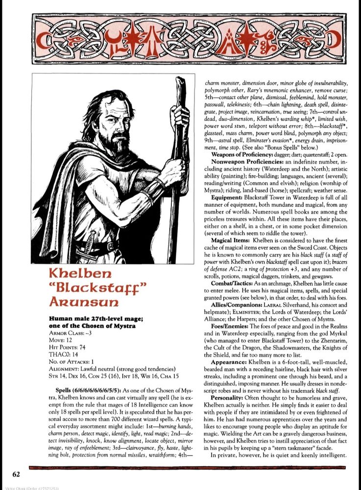 Página detalhando Khelben "Blackstaff" Arunsun, um mago humano de 27º nível e um dos Escolhidos de Mystra em Forgotten Realms. No topo, um padrão decorativo intrincado em vermelho e branco. À esquerda, uma ilustração em preto e branco de Khelben, um homem robusto e barbudo segurando um cajado arcano. O texto detalha suas estatísticas, habilidades, itens mágicos e história. Khelben é descrito como um arquétipo de mentor severo, mas justo, com grande conhecimento e poder mágico. Sua personalidade austera é equilibrada por sua dedicação ao aprendizado e proteção do mundo.

