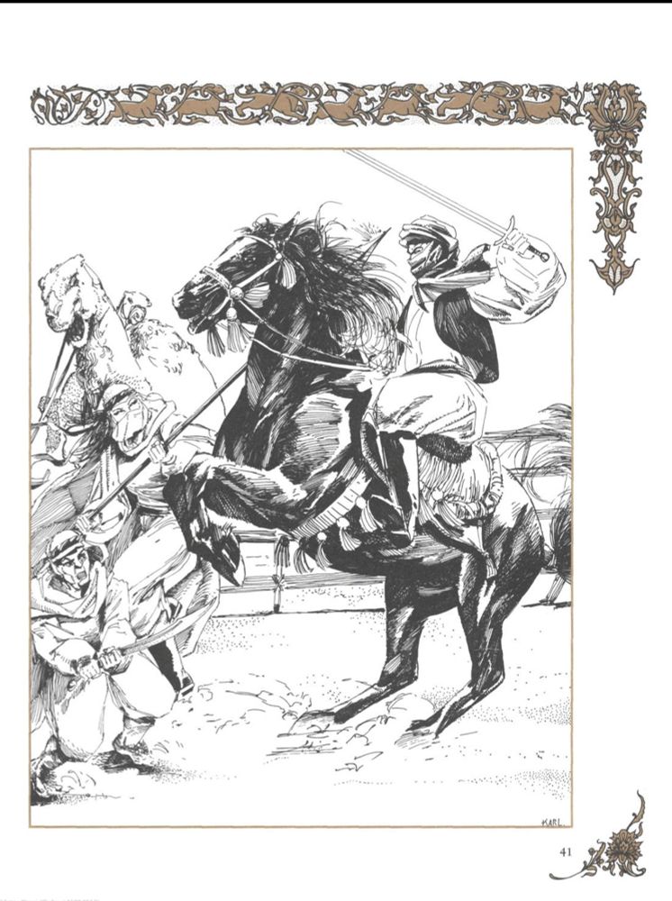 A ilustração apresenta uma cena intensa de ação em Al-Qadim, mostrando um cavaleiro em um garb árabe tradicional montado em um cavalo, brandindo uma cimitarra, enquanto outros personagens parecem estar envolvidos em combate ou em uma disputa. O estilo artístico em preto e branco, com traços fortes e detalhados, transmite o dinamismo e o movimento da cena.

A moldura decorativa ao redor da ilustração, composta por arabescos e elementos estilizados, reforça a ambientação exótica de Zakhara, remetendo à rica herança cultural que inspira esta campanha. O cavalo em destaque, com suas rédeas ornamentadas e expressão feroz, simboliza a coragem e o espírito aventureiro dos personagens em suas jornadas.

Esta ilustração encapsula o espírito de Al-Qadim: um cenário repleto de mistério, honra e perigo, onde tradição e magia se entrelaçam em narrativas épicas.

