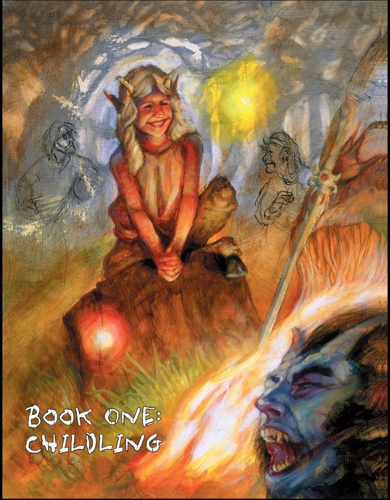"Uma pintura ilustrando uma jovem criatura fantástica com traços élficos, sentada sobre um tronco iluminado por uma luz mágica ao fundo, enquanto sorri alegremente. Ao redor, figuras indistintas espreitam nas sombras, e um rosto monstruoso aparece em primeiro plano, com expressão agressiva. O ambiente é uma caverna misteriosa, cheia de cores quentes e detalhes etéreos, reforçando um clima mágico e enigmático."