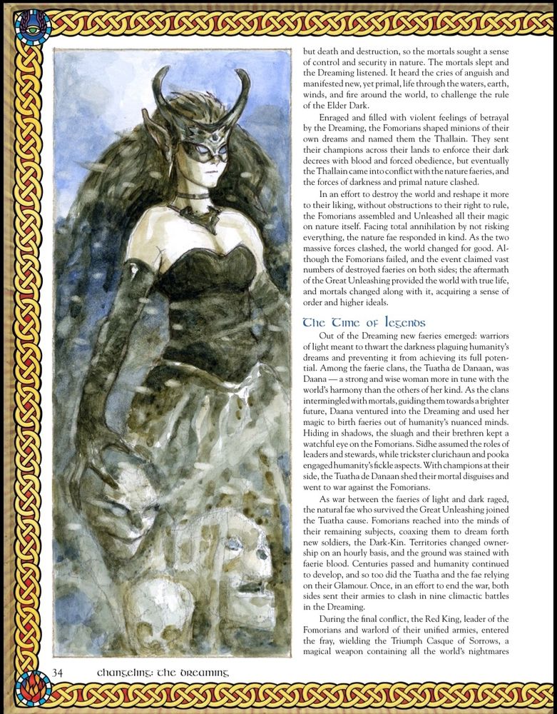 "Uma ilustração estilizada de uma figura feminina feérica de aparência imponente, com chifres curvados e uma máscara intricada, destacando sua aura misteriosa e poderosa. Ela veste um traje elaborado que se funde com tons escuros, sugerindo um ambiente de sombras e mistério. A figura está cercada por traços etéreos que evocam formas nebulosas e expressões esculpidas, remetendo à presença de espíritos ou memórias antigas. A borda da página é decorada com um padrão celta detalhado, reforçando a estética mitológica e lendária do texto."

