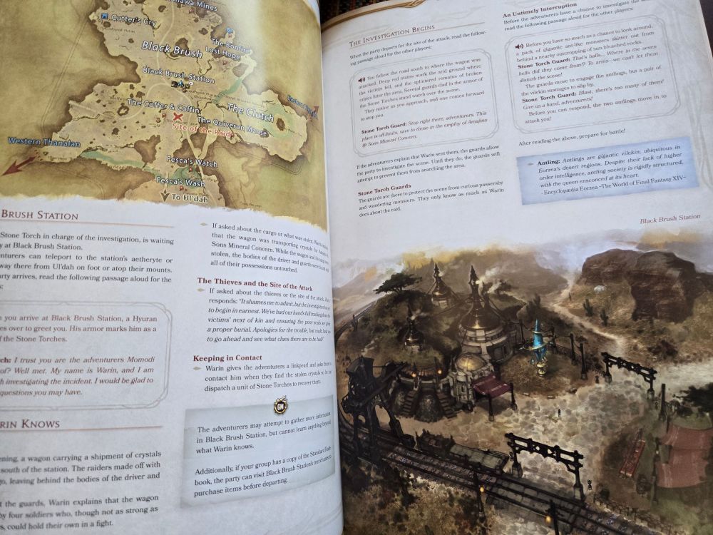 A imagem mostra uma página aberta de um manual de RPG. À esquerda, há um mapa detalhado de uma região chamada "Black Brush Station," com várias localidades marcadas, como "The Coffer & Coffin," "The Quiverman Home," e "Pesca's Watch." À direita, há texto explicando detalhes da investigação em curso, junto com instruções narrativas para o mestre do jogo e descrições de NPCs (personagens não-jogadores) como os "Stone Torch Guards." Na parte inferior direita, há uma ilustração que representa um pequeno vilarejo com tendas, um poste de luz mágico e terrenos áridos ao redor. A estética geral combina fantasia e exploração em um cenário desértico.

