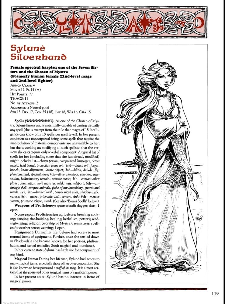 Página detalhando Syluné Silverhand, uma das Sete Irmãs e Escolhida de Mystra no universo Forgotten Realms. O topo da página contém um padrão decorativo em vermelho e branco com temática mística. No lado direito, uma ilustração em preto e branco de Syluné, uma figura elegante com longos cabelos ondulados, vestindo um manto detalhado e adornos mágicos. O texto lista suas estatísticas como uma harpista espectral e habilidades como maga de 22º nível e guerreira de 2º nível. Também são mencionados seus feitiços, proficiências, itens mágicos e história, destacando sua conexão com Mystra e sua condição atual como um ser incorpóreo.