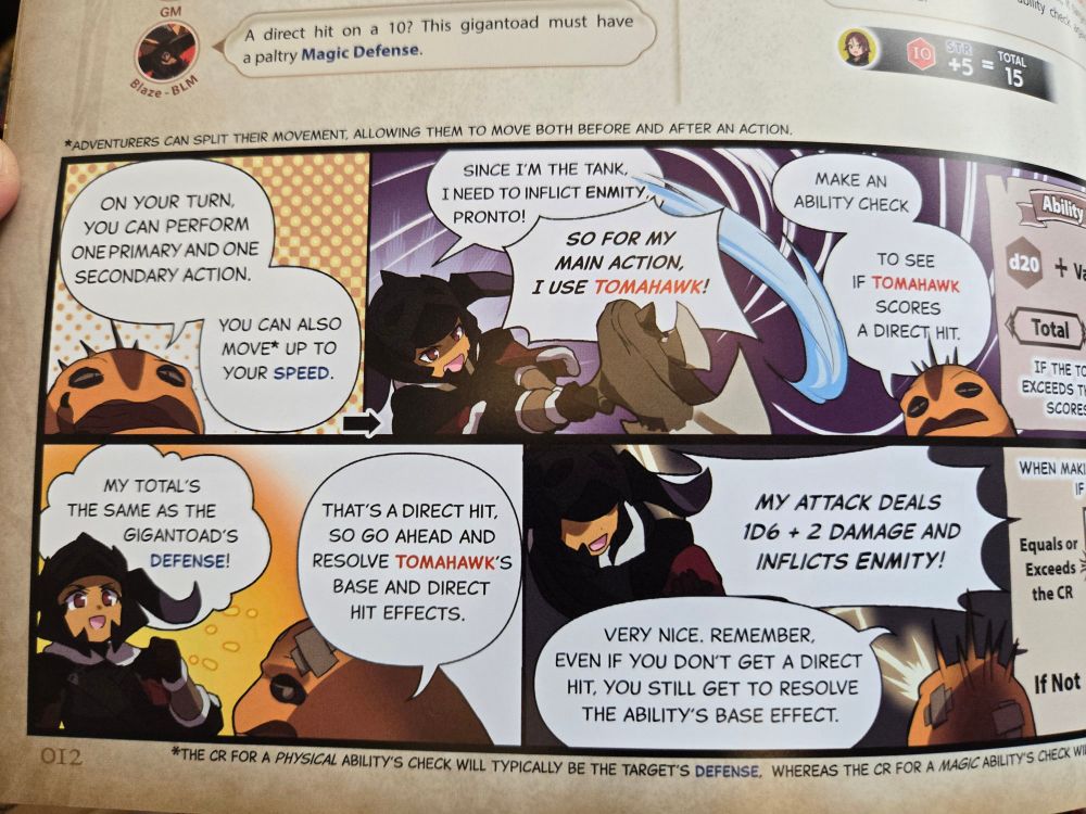 A imagem mostra uma página de um manual ilustrado de RPG, apresentando uma explicação sobre mecânicas de jogo com uma abordagem de quadrinhos. Há personagens em estilo anime conversando sobre regras de combate. Um personagem diz que está usando a habilidade "Tomahawk" para atacar e gerar "Enmity" (inimizade), enquanto outro explica como realizar um teste de habilidade para determinar o resultado. Os balões de fala estão acompanhados de gráficos e textos explicativos. O cenário tem tons vibrantes e utiliza uma estética amigável e interativa para ensinar os jogadores.

