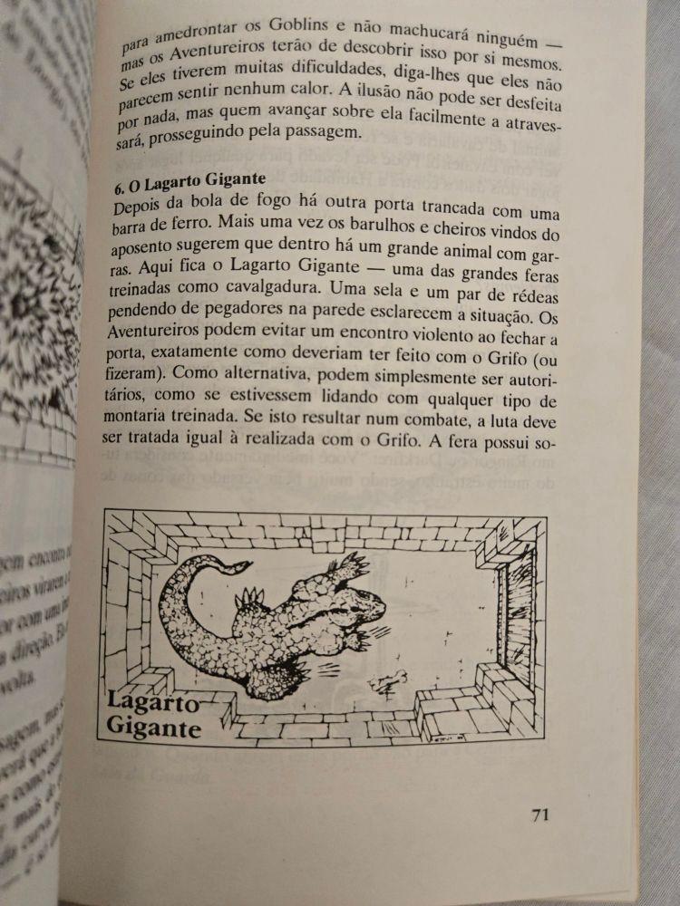 Página interna do livro Dungeoneer. O texto descreve um encontro com um "Lagarto Gigante", uma criatura usada como montaria treinada em aventuras. Ele está localizado atrás de uma porta de ferro e pode ser evitado ou enfrentado pelos aventureiros. Abaixo do texto, há uma ilustração em preto e branco do Lagarto Gigante em um ambiente de pedra, com aparência robusta e espinhosa.