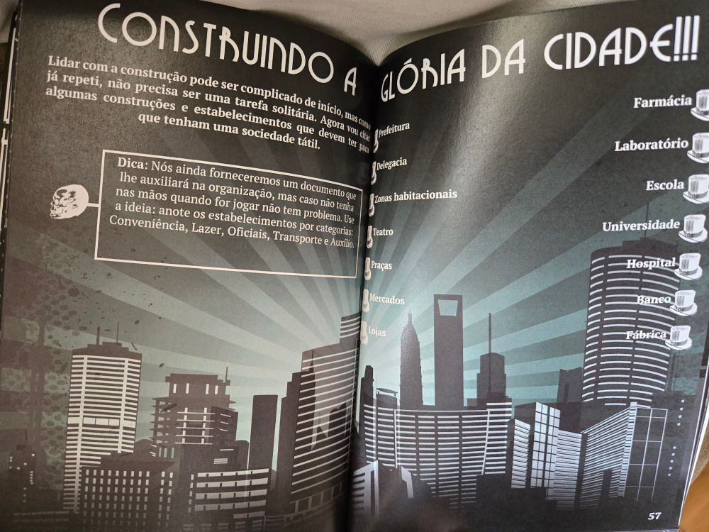 Uma página dupla do livro Anos 20 com o título "Construindo a Glória da Cidade!!!". À esquerda, há um texto introdutório que fala sobre a construção e a importância de anotar os estabelecimentos conforme categorias como "Conveniência, Lazer, Oficiais, Transporte e Auxílio". Abaixo do texto, há uma caixa de dica com um ícone de caveira e instruções para organização do jogo.

À direita, uma ilustração de uma cidade em tons de preto e verde com prédios estilizados. À medida que a lista de estabelecimentos sobe verticalmente, aparecem ícones de xícaras de café representando cada construção, como "Prefeitura", "Delegacia", "Teatro", "Farmácia", "Escola", "Hospital", entre outros. A estética geral é noir com uma paleta de cores esverdeada e um estilo vintage.