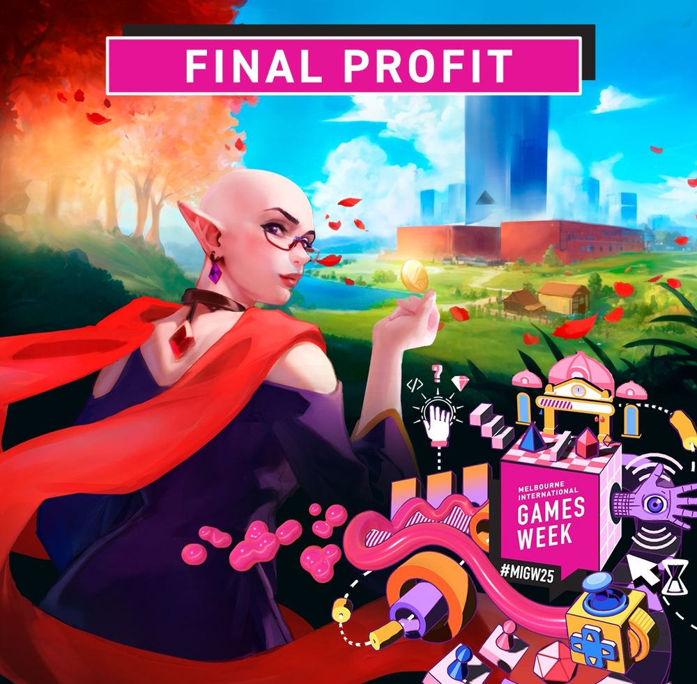 Key art from the PC indie game Final Profit: A Shop RPG, featuring a bald fae woman holding a coin. With a graphic representing Melbourne International Games Week overlaid.