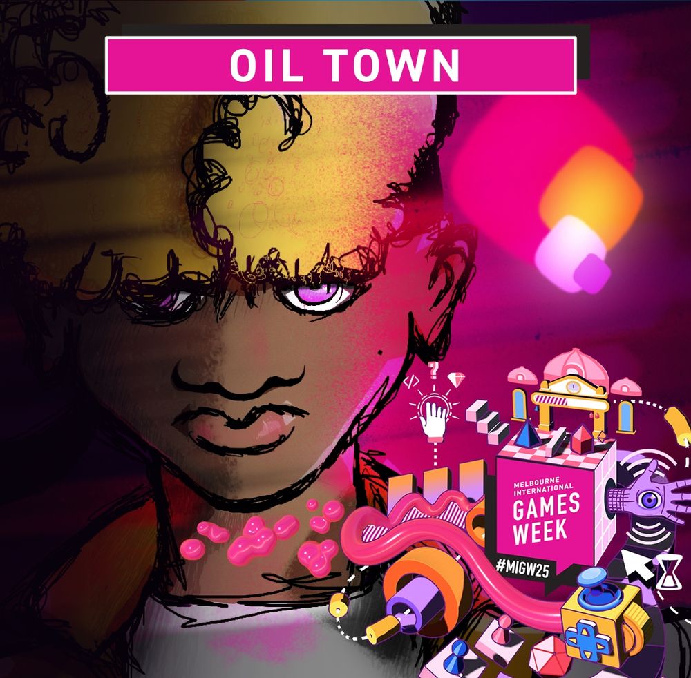 Key art from the upcoming PC indie game Oil Town. With a graphic for Melbourne International Games Week overlaid.
